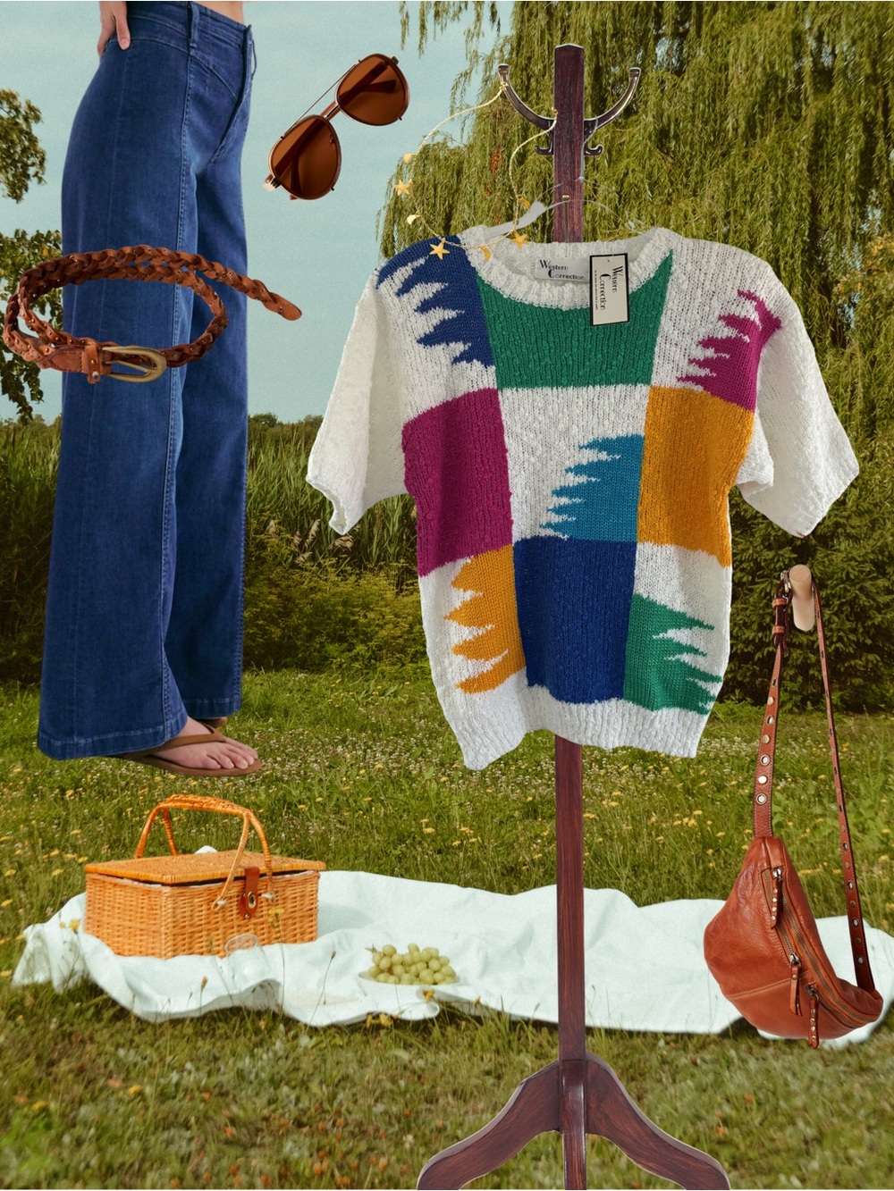 VTG 80s NWT Western Connection colorblock sweater (M) shoulder pads short sleeve